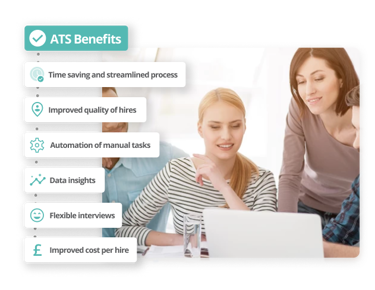 Three HR professionals reviewing ATS benefits on a laptop screen, including automation, cost per hire, and data insights.