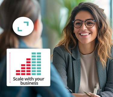 Smiling businesswoman with chart icon representing scalable HR software.