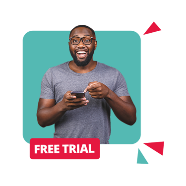 Person holding a tablet with bold red text reading Free Trial on a light blue background with geometric shapes.