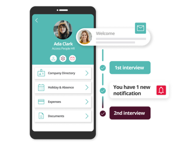 Recruiter on a laptop conducting a video interview with overlay labels “Expand your reach,” “Save time,” and “More insights.”