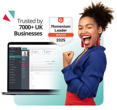 Happy woman next to laptop showing PeopleHR HR software dashboard, trusted by 7000+ UK businesses