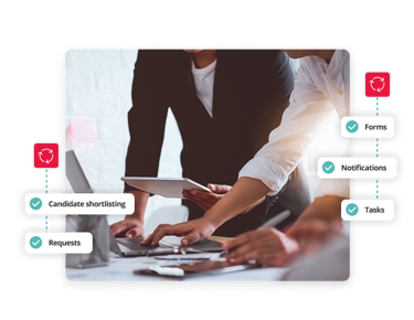 Team collaborating with HR workflow automation features like candidate shortlisting, requests, forms, notifications, and tasks.