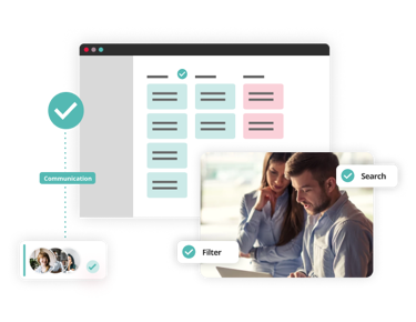 Workflow management dashboard with task cards, communication tools, and filter and search options for streamlined processes.